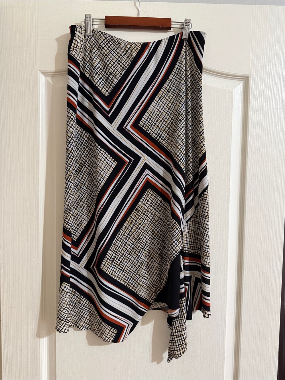 Vintage Donna Karan Asymmetric Geometric Print Midi Skirt - Black, White & Rust